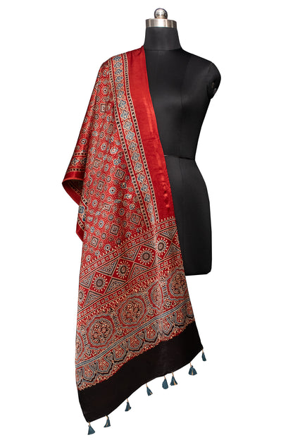 Ajrakh Mashru Silk Natural Dye Hand Block Print Stole With Tassels - 2 Mtr Length    -  SKU : MS10901E