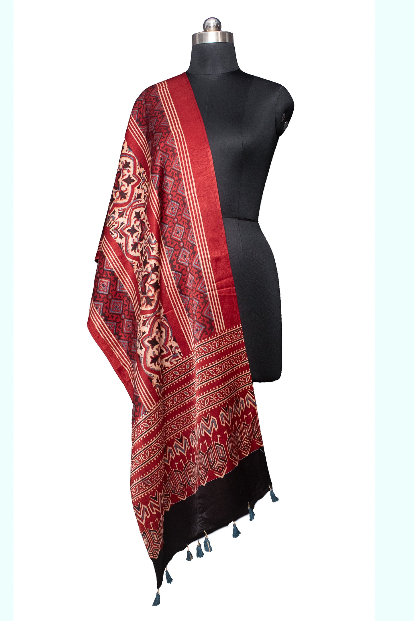 Ajrakh Mashru Silk Natural Dye Hand Block Print Stole With Tassels - 2 Mtr Length    -  SKU : MS10901F