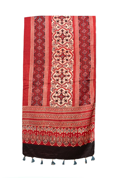 Ajrakh Mashru Silk Natural Dye Hand Block Print Stole With Tassels - 2 Mtr Length    -  SKU : MS10901F