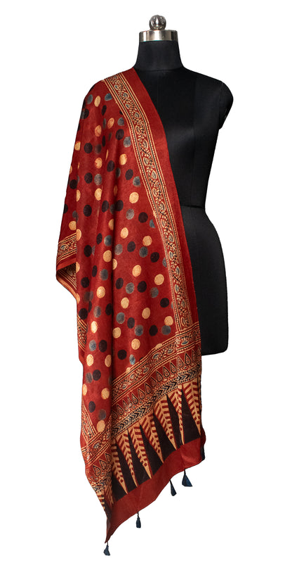 Ajrakh Mashru Silk Natural Dye Hand Block Print Stole With Tassels     -  SKU : MS19701D