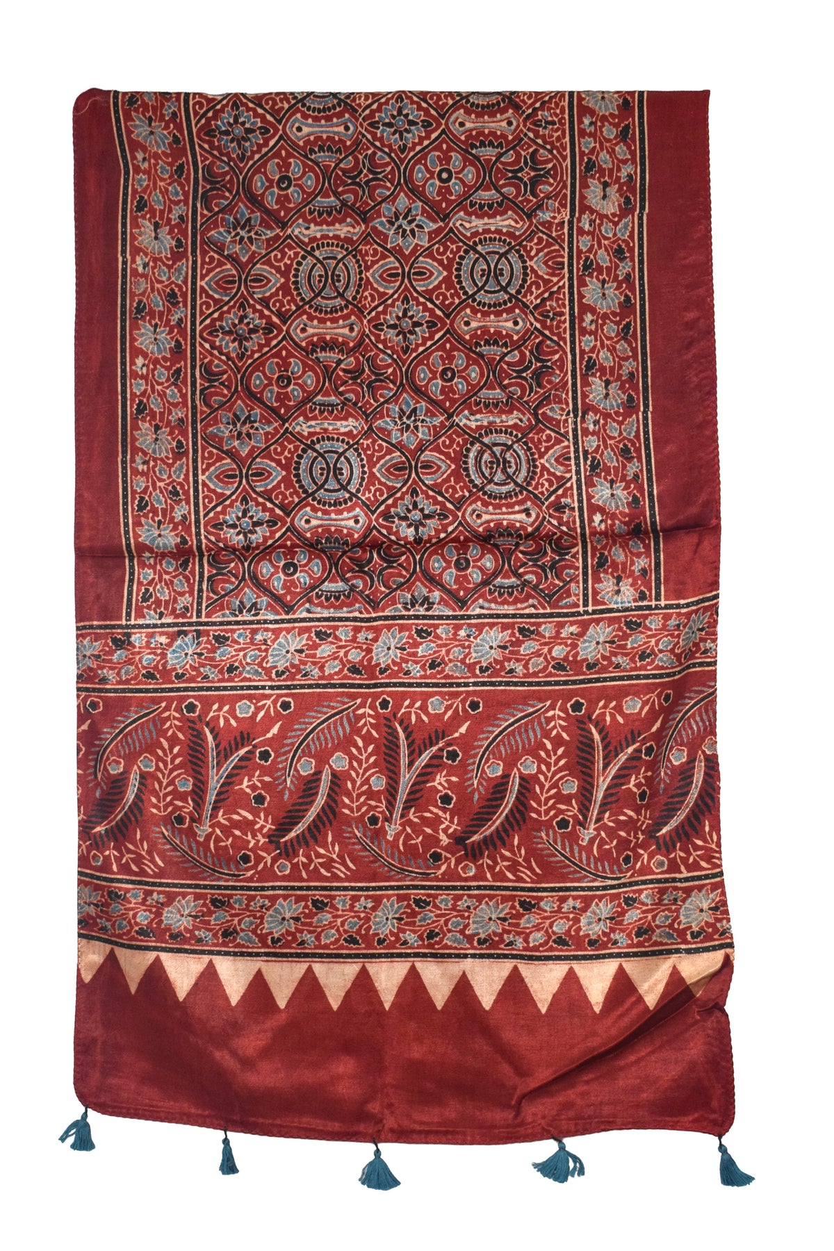 Ajrakh Mashru Silk Natural Dye Hand Block Print Stole With Tassels - 2 Mtr Length   -  SKU : AI07701B
