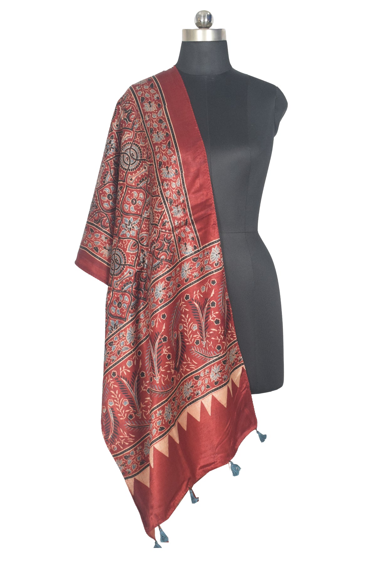 Ajrakh Mashru Silk Natural Dye Hand Block Print Stole With Tassels - 2 Mtr Length   -  SKU : AI07701B