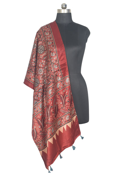 Ajrakh Mashru Silk Natural Dye Hand Block Print Stole With Tassels - 2 Mtr Length   -  SKU : AI07701B