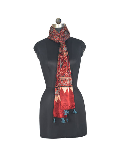 Ajrakh Mashru Silk Natural Dye Hand Block Print Stole With Tassels - 2 Mtr Length   -  SKU : AI07701B
