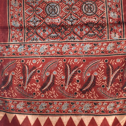 Ajrakh Mashru Silk Natural Dye Hand Block Print Stole With Tassels - 2 Mtr Length   -  SKU : AI07701B
