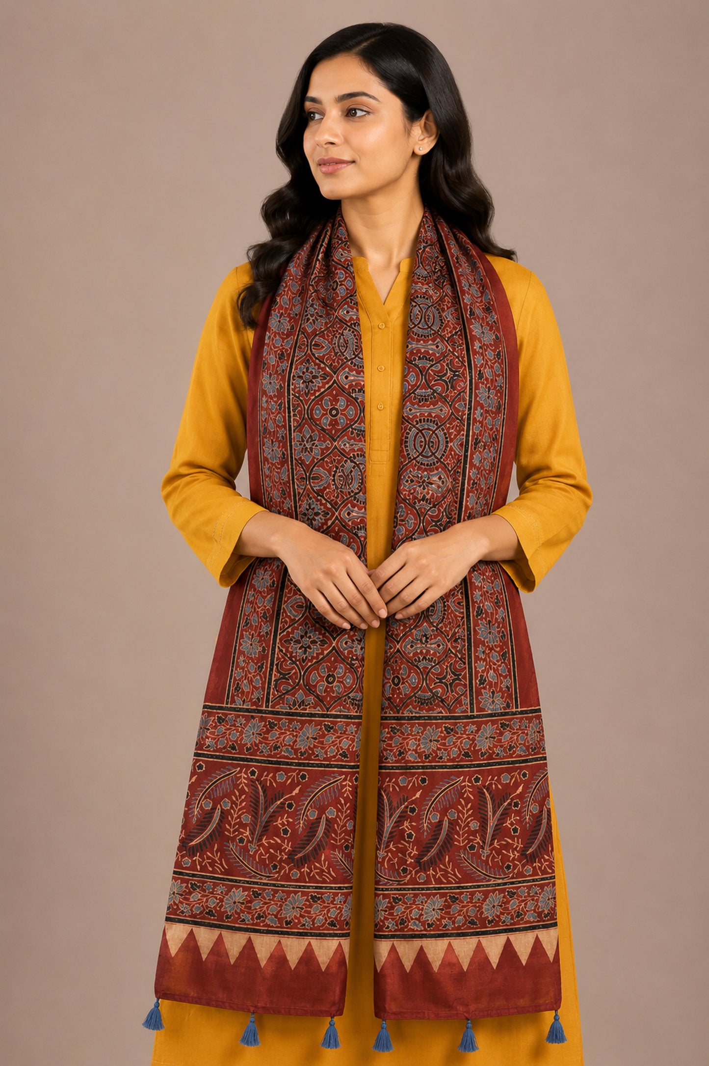 Ajrakh Mashru Silk Natural Dye Hand Block Print Stole With Tassels - 2 Mtr Length   -  SKU : AI07701B