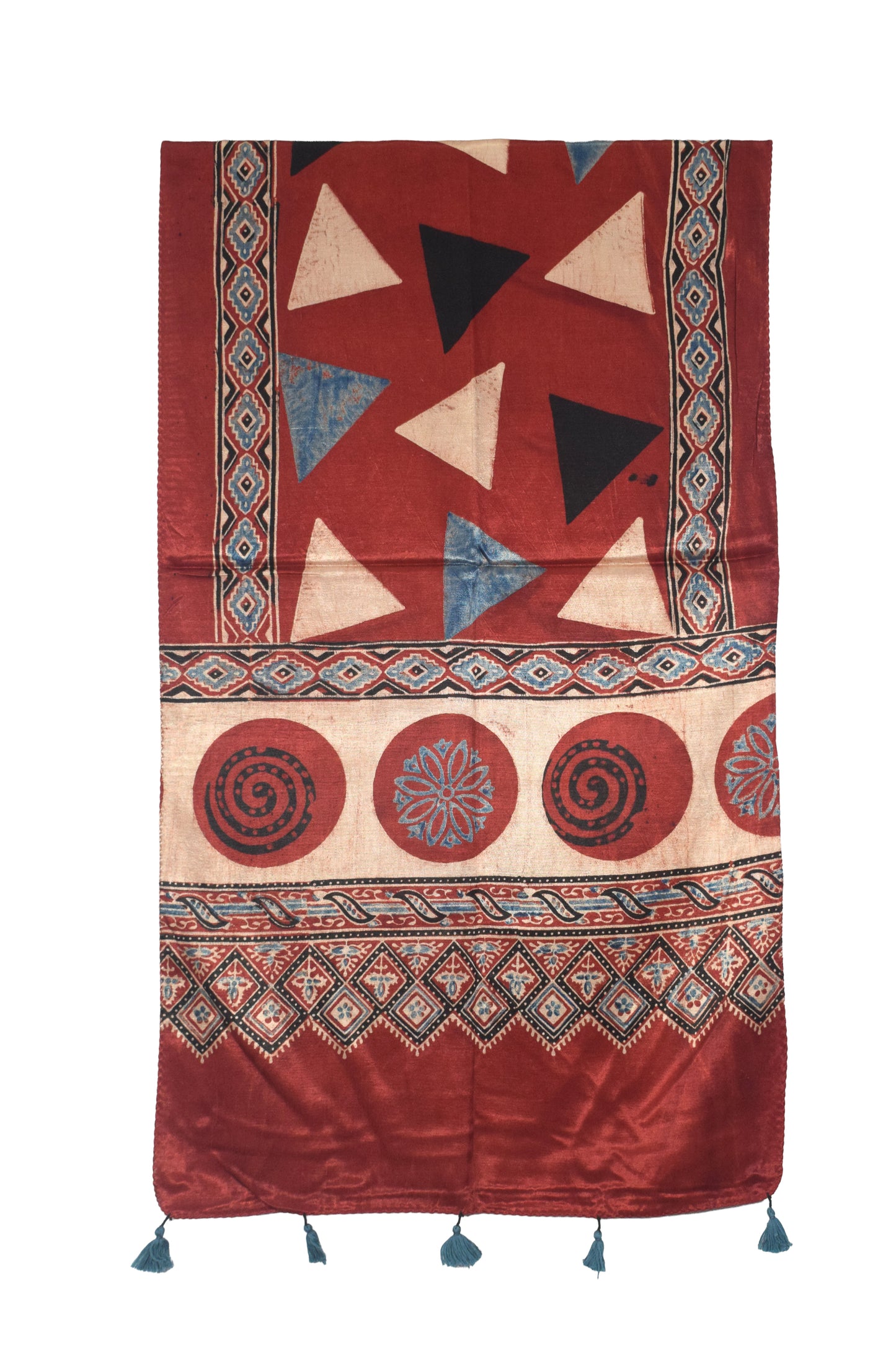 Ajrakh Mashru Silk Natural Dye Hand Block Print Stole With Tassels - 2 Mtr Length   -  SKU : AI07701H