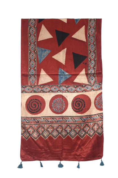 Ajrakh Mashru Silk Natural Dye Hand Block Print Stole With Tassels - 2 Mtr Length   -  SKU : AI07701H