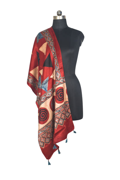 Ajrakh Mashru Silk Natural Dye Hand Block Print Stole With Tassels - 2 Mtr Length   -  SKU : AI07701H