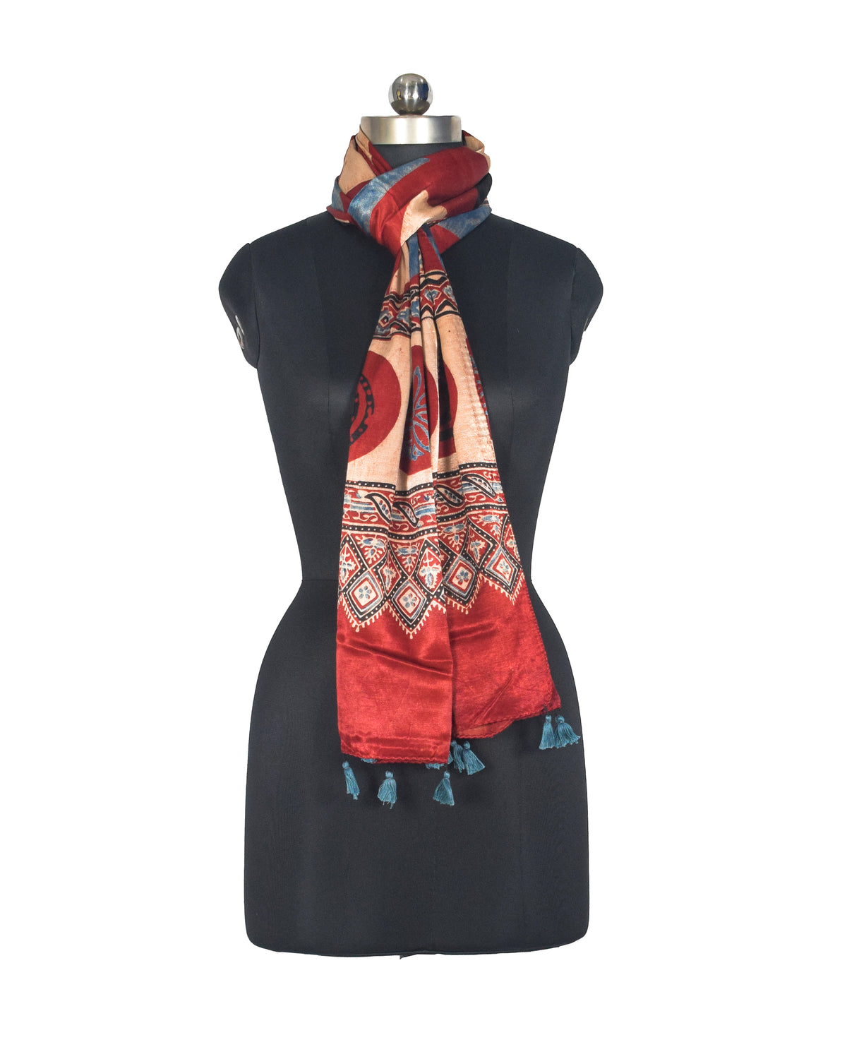 Ajrakh Mashru Silk Natural Dye Hand Block Print Stole With Tassels - 2 Mtr Length   -  SKU : AI07701H