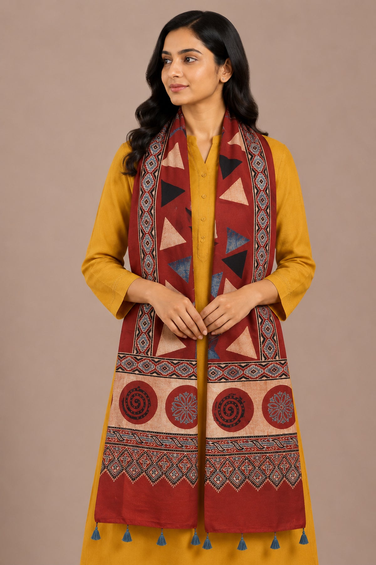 Ajrakh Mashru Silk Natural Dye Hand Block Print Stole With Tassels - 2 Mtr Length   -  SKU : AI07701H