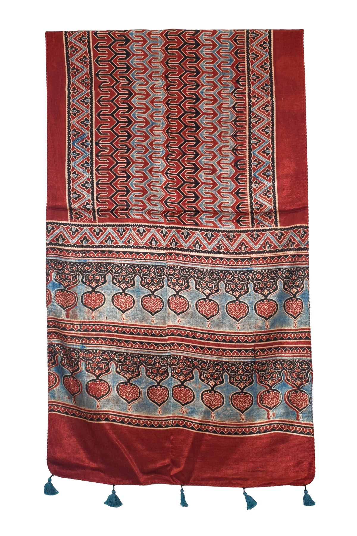 Ajrakh Mashru Silk Natural Dye Hand Block Print Stole With Tassels - 2 Mtr Length   -  SKU : AI07701N