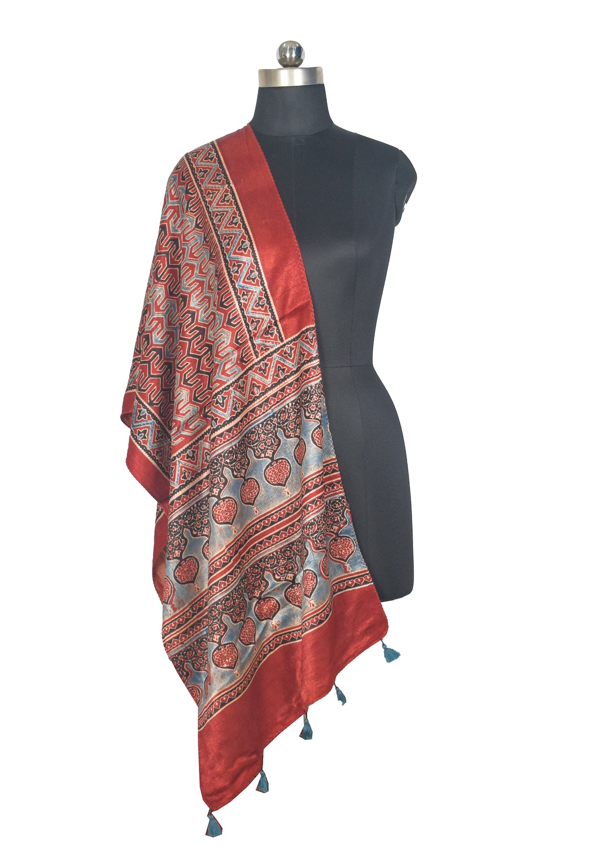 Ajrakh Mashru Silk Natural Dye Hand Block Print Stole With Tassels - 2 Mtr Length   -  SKU : AI07701N