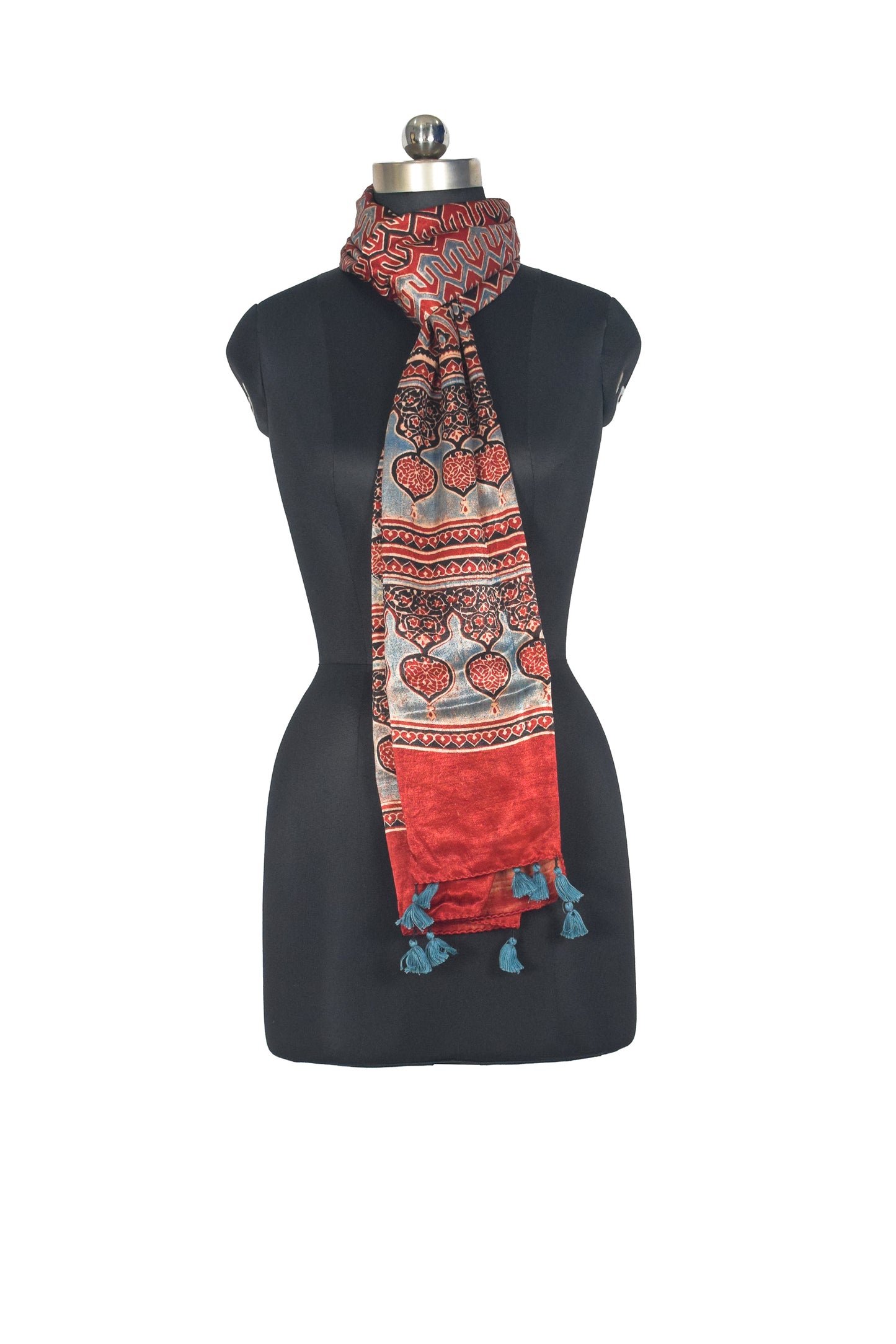 Ajrakh Mashru Silk Natural Dye Hand Block Print Stole With Tassels - 2 Mtr Length   -  SKU : AI07701N