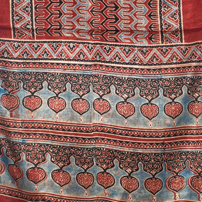 Ajrakh Mashru Silk Natural Dye Hand Block Print Stole With Tassels - 2 Mtr Length   -  SKU : AI07701N
