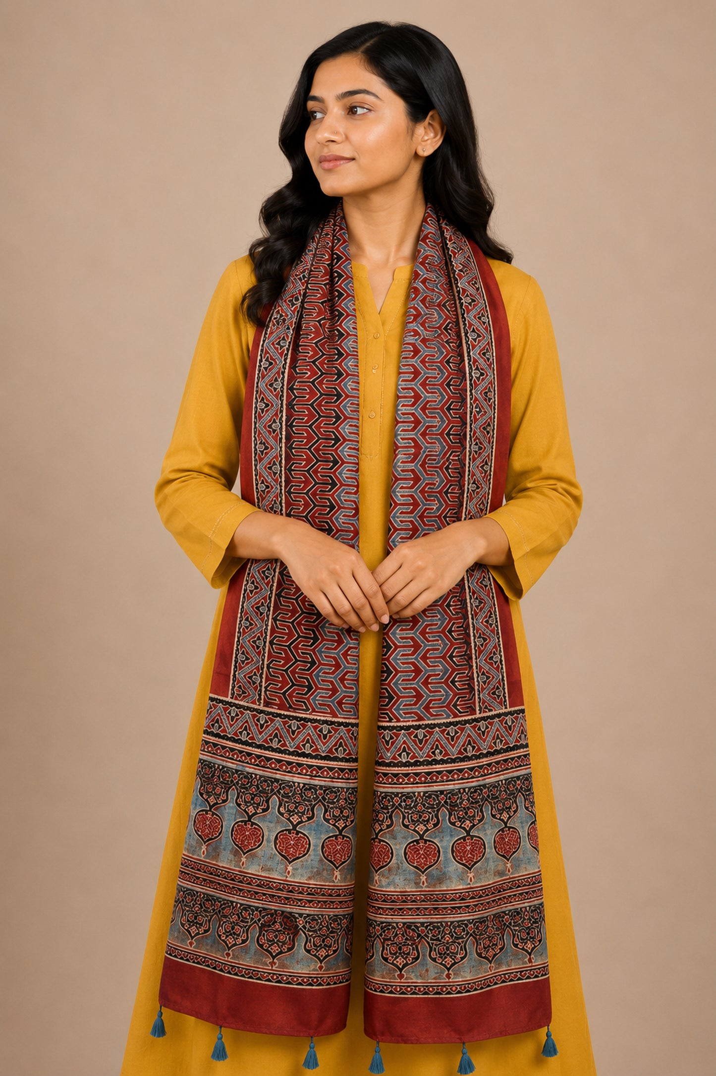 Ajrakh Mashru Silk Natural Dye Hand Block Print Stole With Tassels - 2 Mtr Length   -  SKU : AI07701N