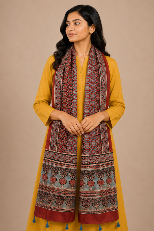 Ajrakh Mashru Silk Natural Dye Hand Block Print Stole With Tassels - 2 Mtr Length   -  SKU : AI07701N
