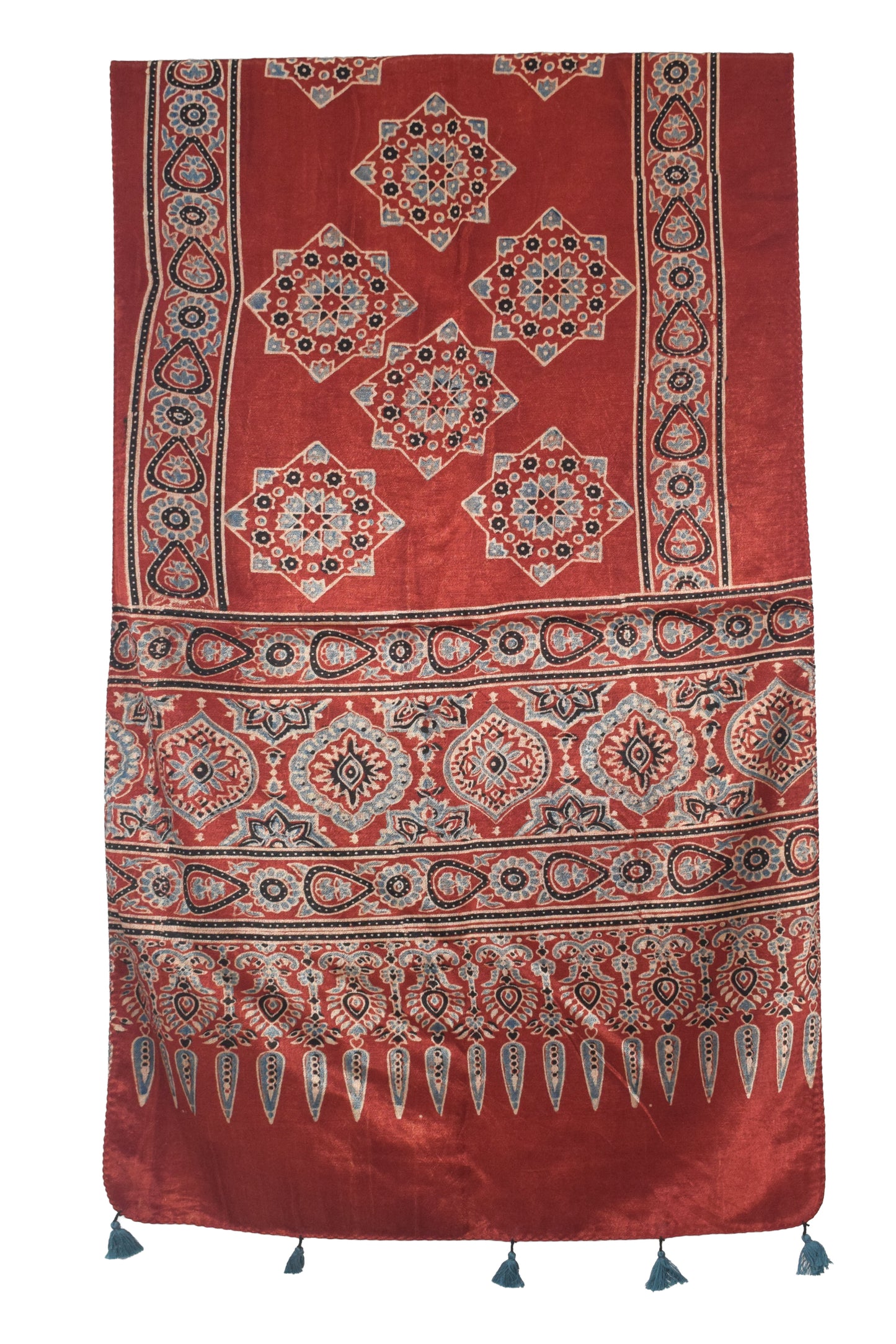 Ajrakh Mashru Silk Natural Dye Hand Block Print Stole With Tassels - 2 Mtr Length   -  SKU : AI07701T