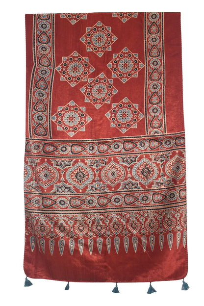 Ajrakh Mashru Silk Natural Dye Hand Block Print Stole With Tassels - 2 Mtr Length   -  SKU : AI07701T