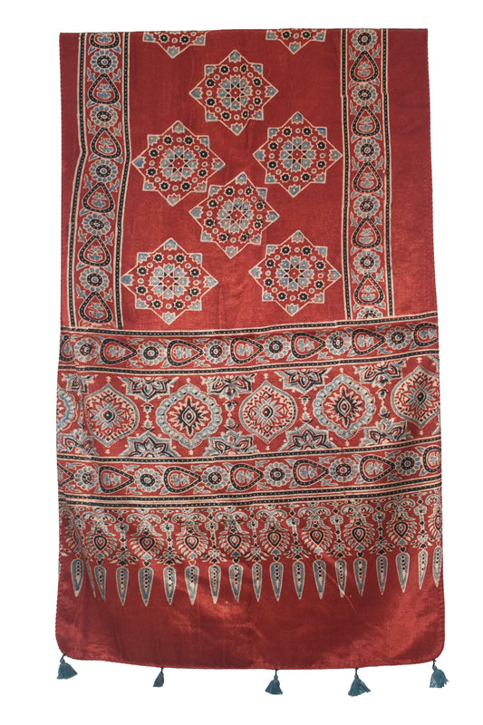 Ajrakh Mashru Silk Natural Dye Hand Block Print Stole With Tassels - 2 Mtr Length   -  SKU : AI07701T