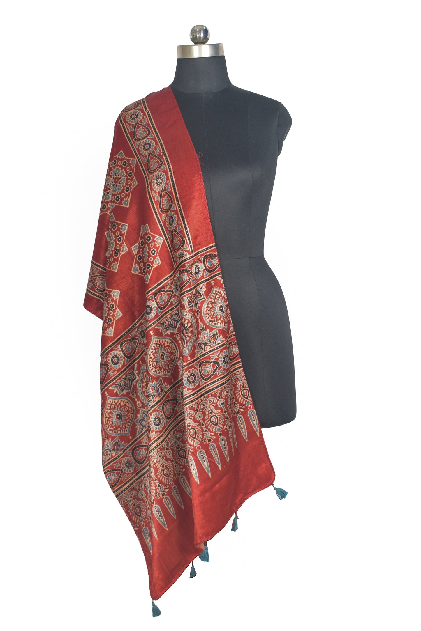 Ajrakh Mashru Silk Natural Dye Hand Block Print Stole With Tassels - 2 Mtr Length   -  SKU : AI07701T