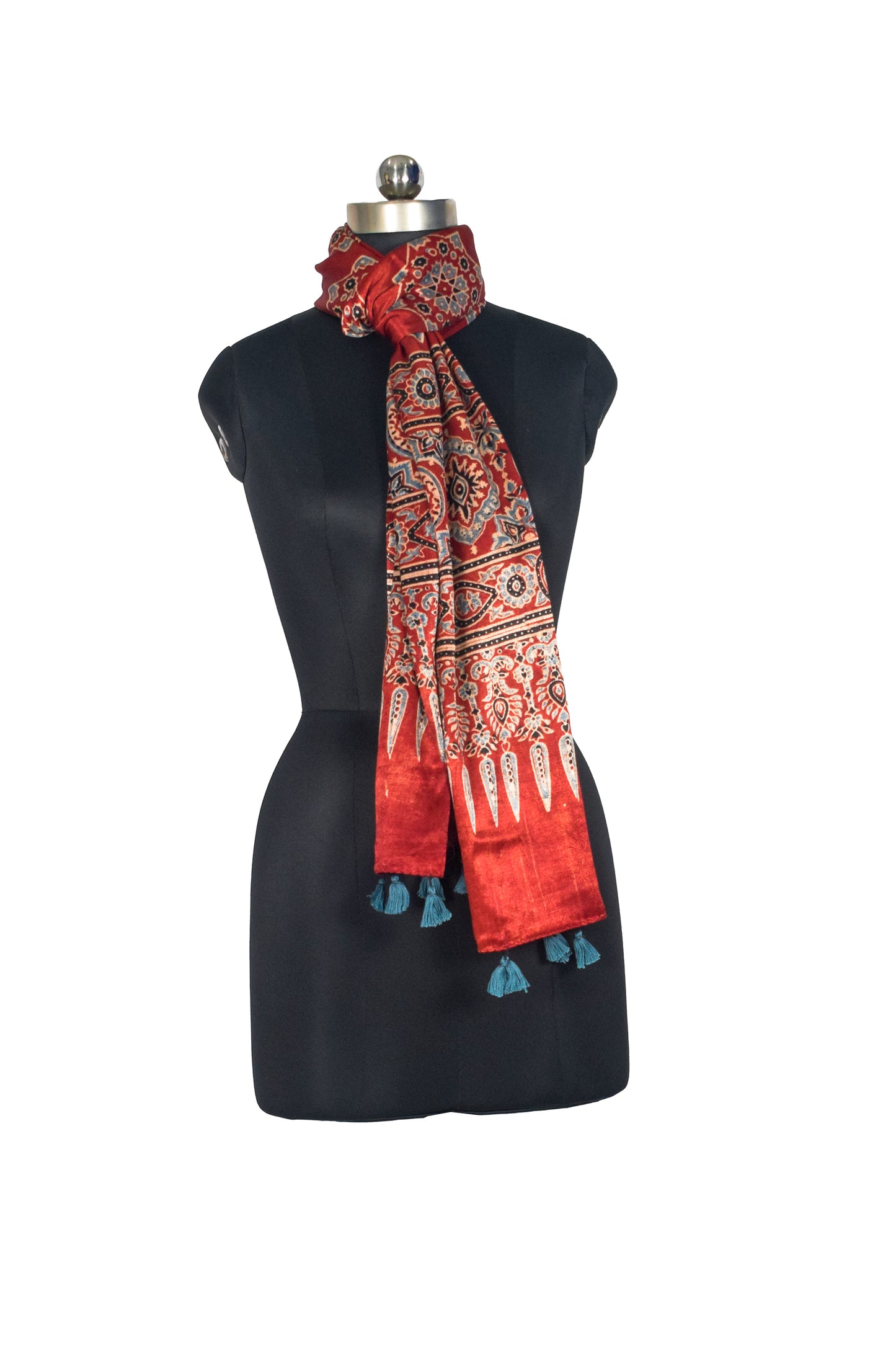 Ajrakh Mashru Silk Natural Dye Hand Block Print Stole With Tassels - 2 Mtr Length   -  SKU : AI07701T