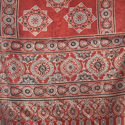 Ajrakh Mashru Silk Natural Dye Hand Block Print Stole With Tassels - 2 Mtr Length   -  SKU : AI07701T