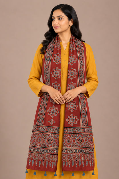 Ajrakh Mashru Silk Natural Dye Hand Block Print Stole With Tassels - 2 Mtr Length   -  SKU : AI07701T