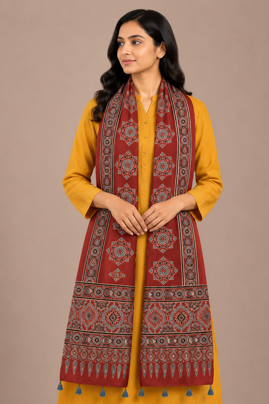 Ajrakh Mashru Silk Natural Dye Hand Block Print Stole With Tassels - 2 Mtr Length   -  SKU : AI07701T