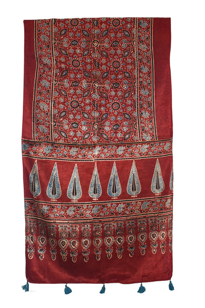 Ajrakh Mashru Silk Natural Dye Hand Block Print Stole With Tassels - 2 Mtr Length   -  SKU : AI07701Z