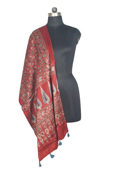 Ajrakh Mashru Silk Natural Dye Hand Block Print Stole With Tassels - 2 Mtr Length   -  SKU : AI07701Z