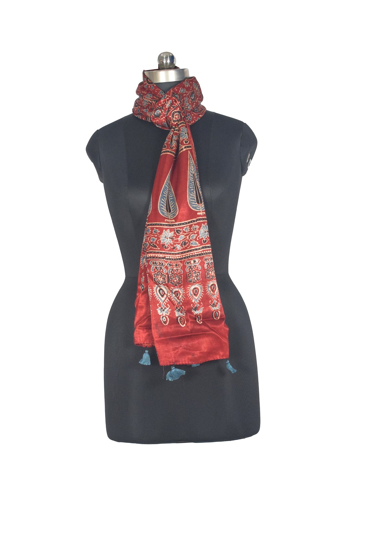 Ajrakh Mashru Silk Natural Dye Hand Block Print Stole With Tassels - 2 Mtr Length   -  SKU : AI07701Z