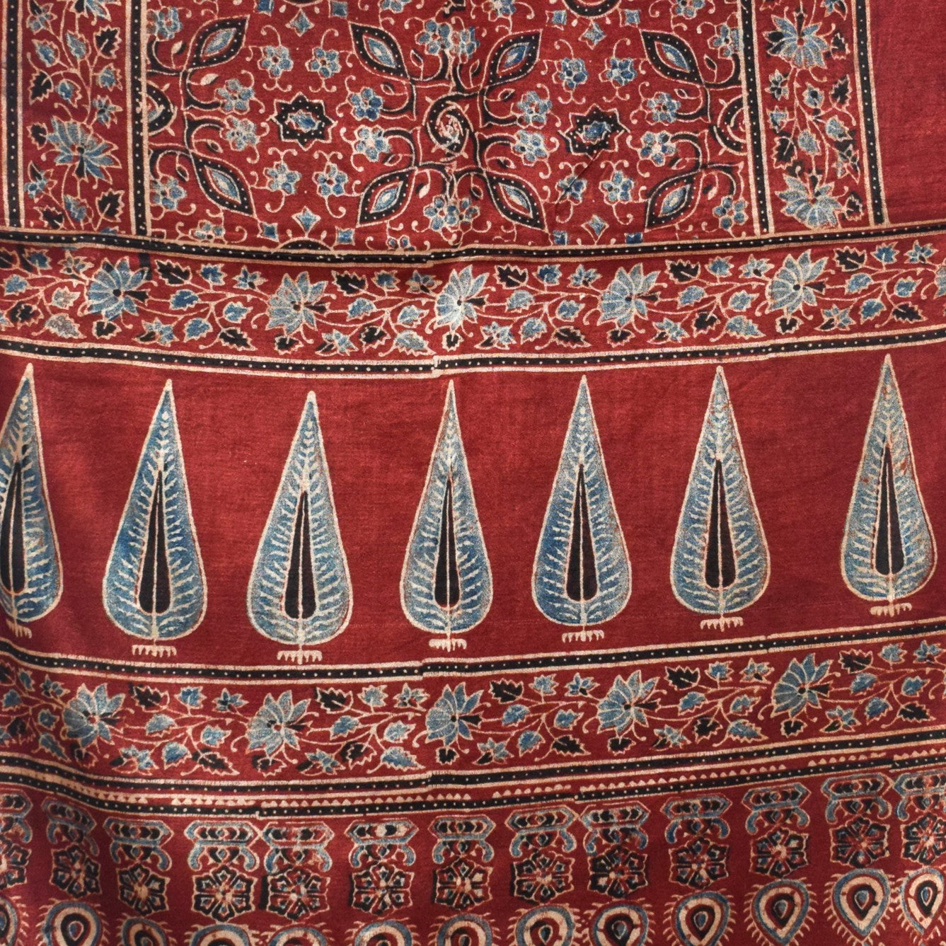Ajrakh Mashru Silk Natural Dye Hand Block Print Stole With Tassels - 2 Mtr Length   -  SKU : AI07701Z