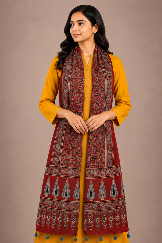 Ajrakh Mashru Silk Natural Dye Hand Block Print Stole With Tassels - 2 Mtr Length   -  SKU : AI07701Z