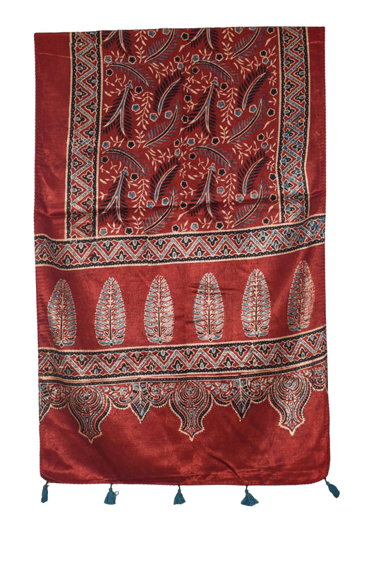 Ajrakh Mashru Silk Natural Dye Hand Block Print Stole With Tassels - 2 Mtr Length   -  SKU : AI0770AF