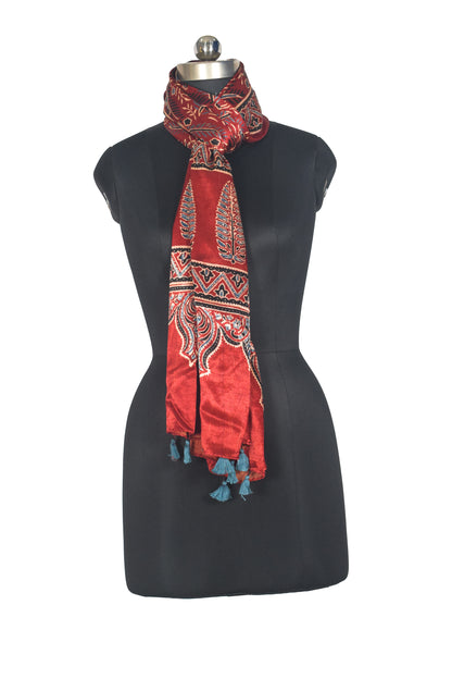 Ajrakh Mashru Silk Natural Dye Hand Block Print Stole With Tassels - 2 Mtr Length   -  SKU : AI0770AF