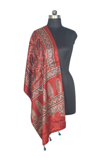 Ajrakh Mashru Silk Natural Dye Hand Block Print Stole With Tassels - 2 Mtr Length   -  SKU : AI0770AF