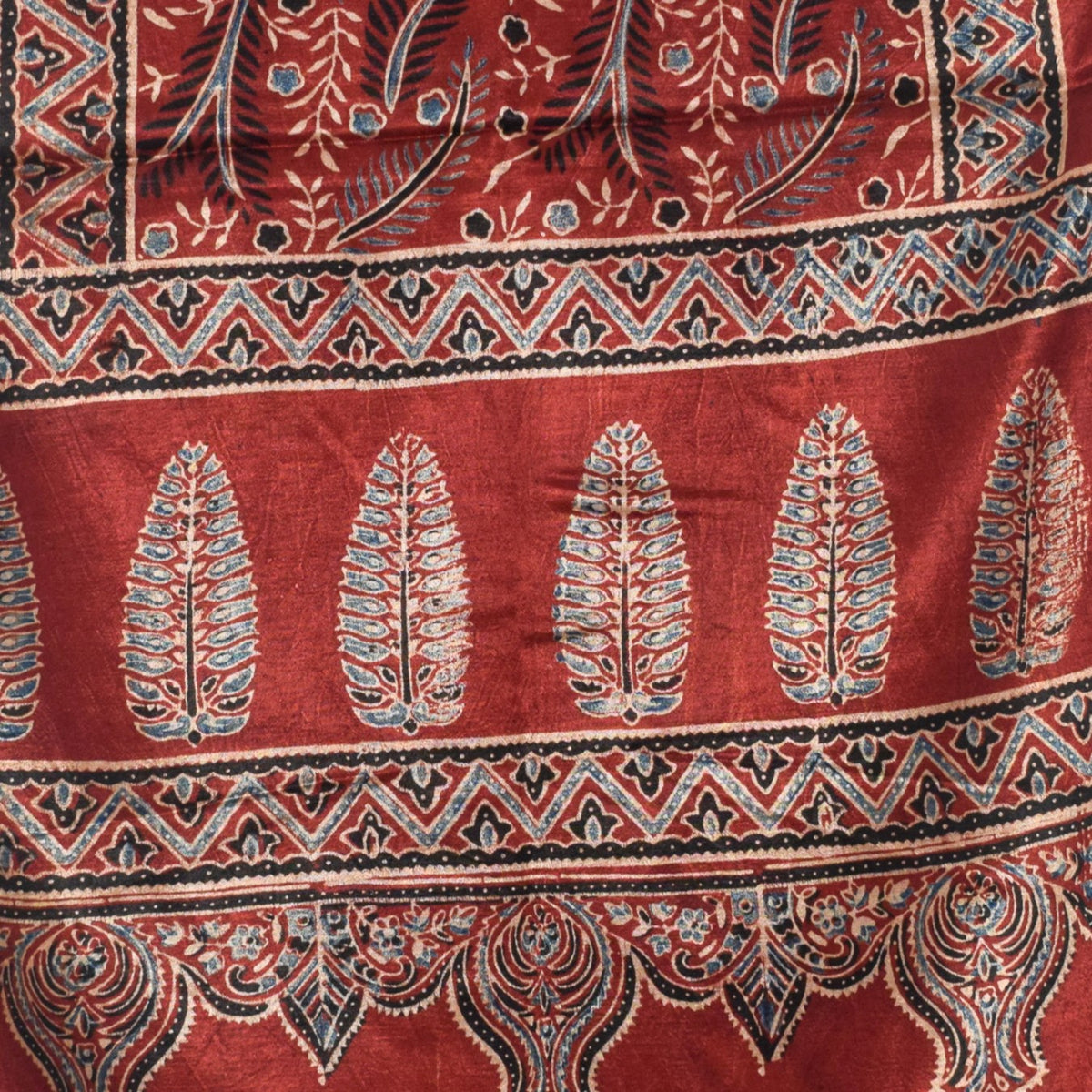 Ajrakh Mashru Silk Natural Dye Hand Block Print Stole With Tassels - 2 Mtr Length   -  SKU : AI0770AF