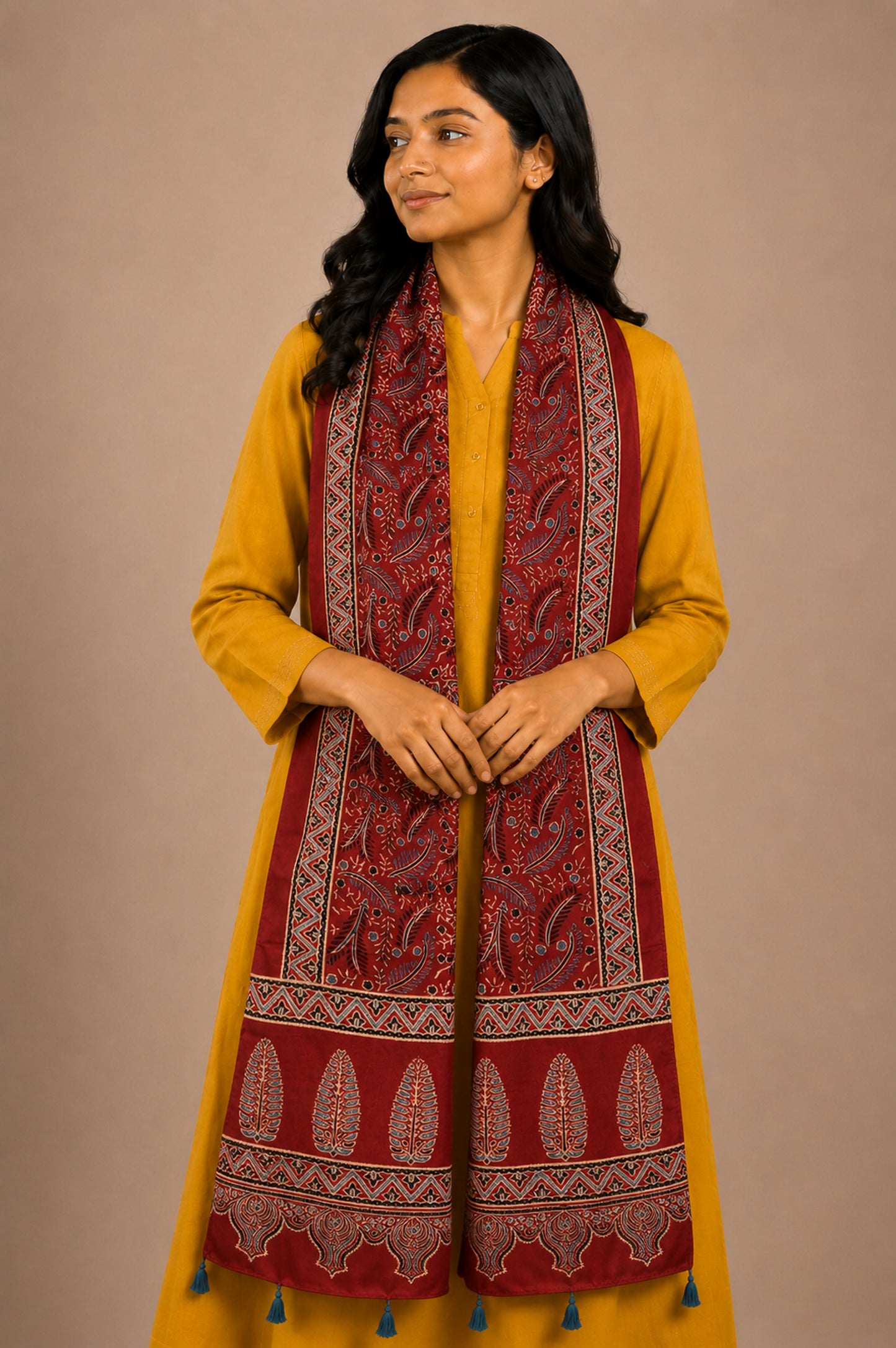 Ajrakh Mashru Silk Natural Dye Hand Block Print Stole With Tassels - 2 Mtr Length   -  SKU : AI0770AF
