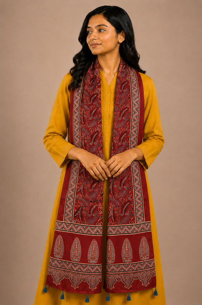 Ajrakh Mashru Silk Natural Dye Hand Block Print Stole With Tassels - 2 Mtr Length   -  SKU : AI0770AF