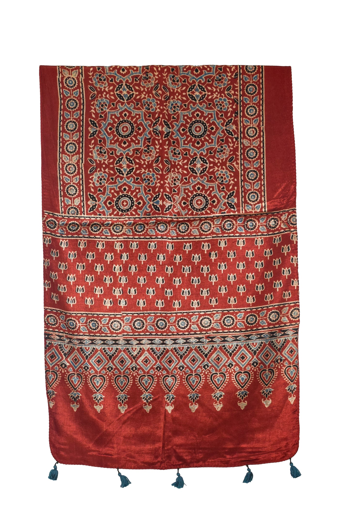 Ajrakh Mashru Silk Natural Dye Hand Block Print Stole With Tassels - 2 Mtr Length   -  SKU : AI0770AL