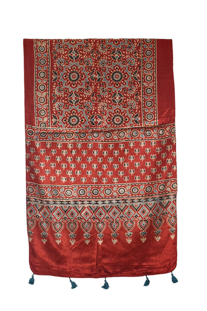 Ajrakh Mashru Silk Natural Dye Hand Block Print Stole With Tassels - 2 Mtr Length   -  SKU : AI0770AL