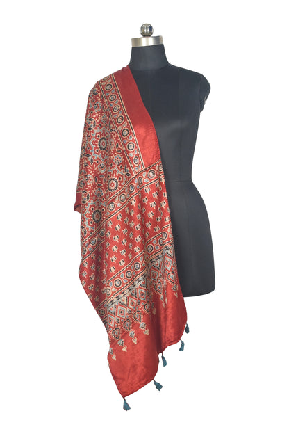 Ajrakh Mashru Silk Natural Dye Hand Block Print Stole With Tassels - 2 Mtr Length   -  SKU : AI0770AL