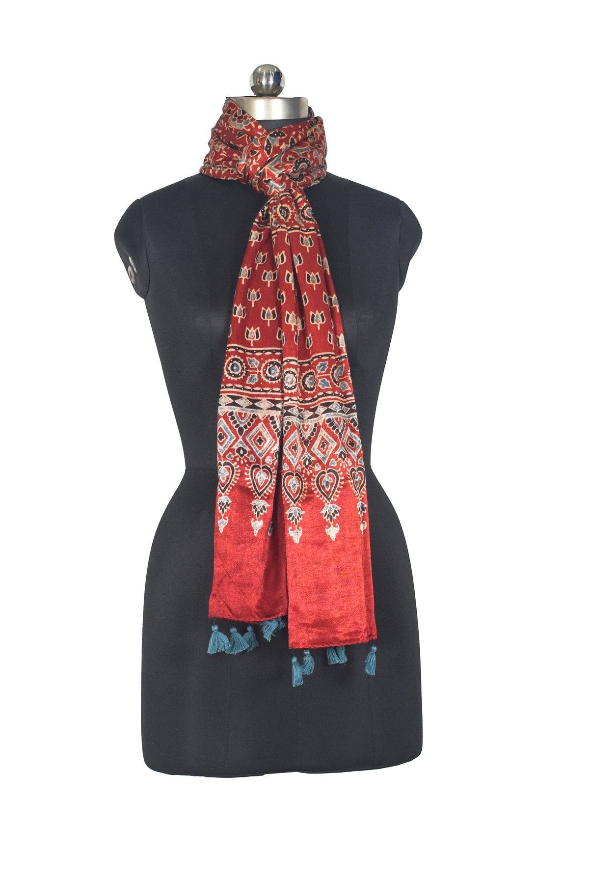 Ajrakh Mashru Silk Natural Dye Hand Block Print Stole With Tassels - 2 Mtr Length   -  SKU : AI0770AL