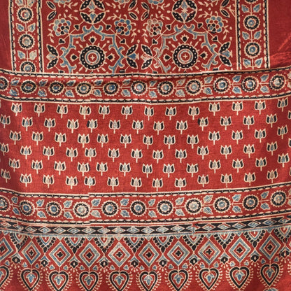 Ajrakh Mashru Silk Natural Dye Hand Block Print Stole With Tassels - 2 Mtr Length   -  SKU : AI0770AL