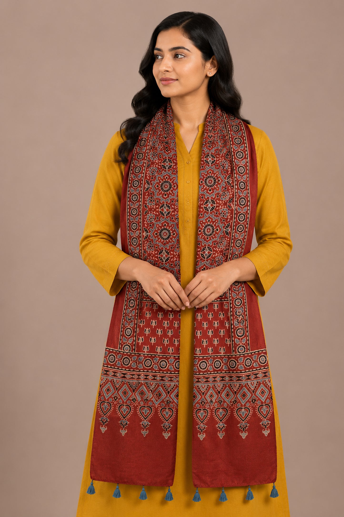 Ajrakh Mashru Silk Natural Dye Hand Block Print Stole With Tassels - 2 Mtr Length   -  SKU : AI0770AL