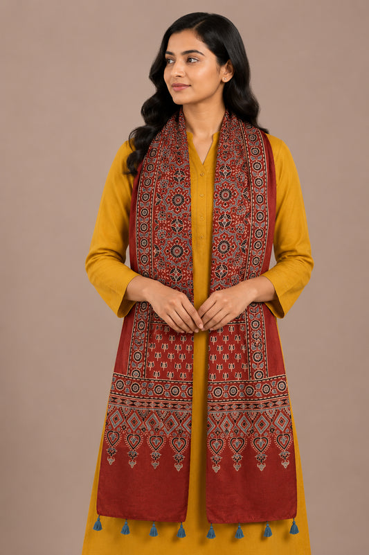 Ajrakh Mashru Silk Natural Dye Hand Block Print Stole With Tassels - 2 Mtr Length   -  SKU : AI0770AL