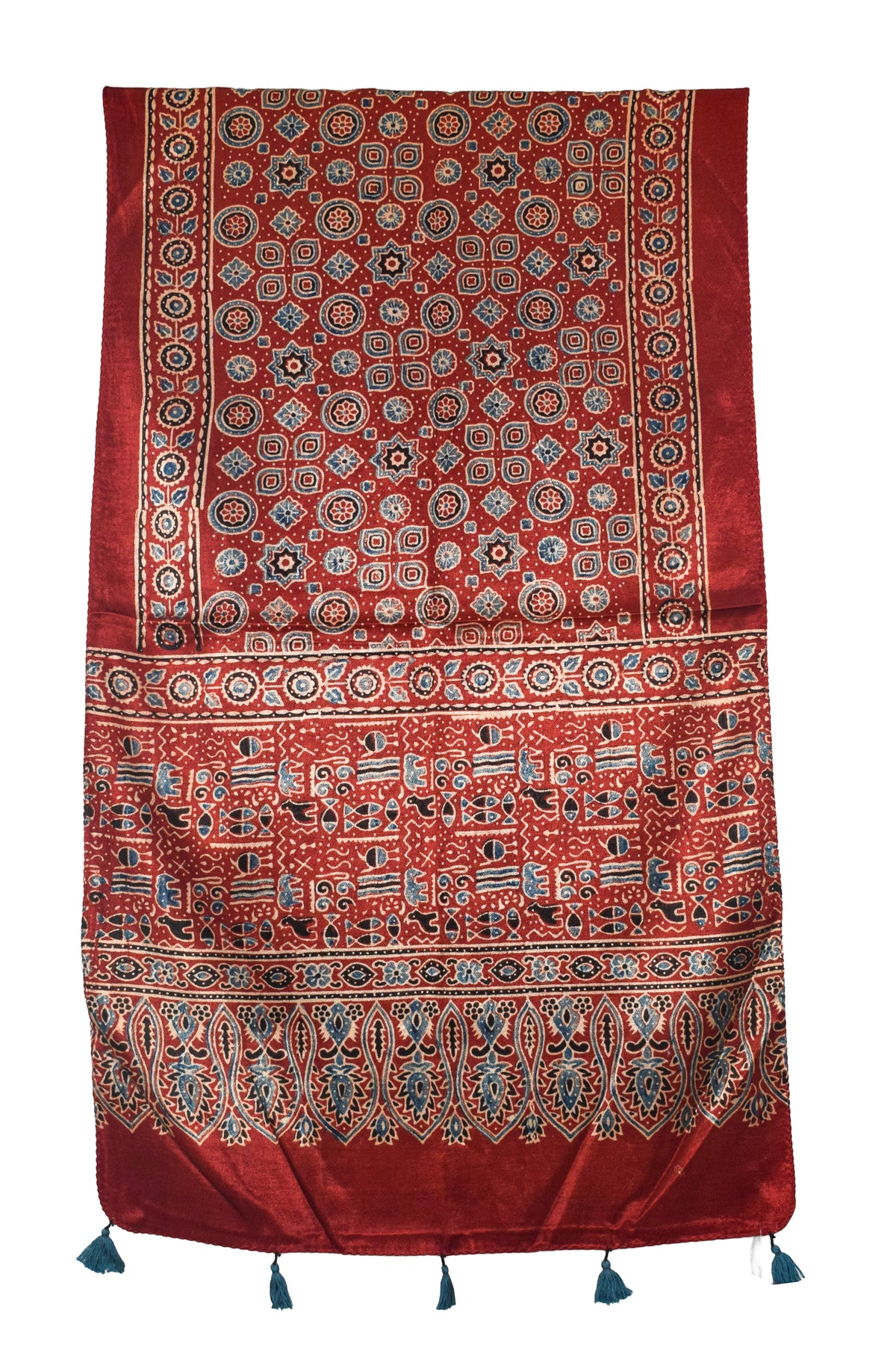 Ajrakh Mashru Silk Natural Dye Hand Block Print Stole With Tassels - 2 Mtr Length   -  SKU : AI0770AR