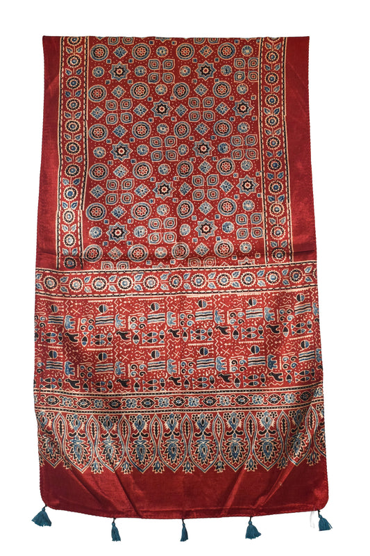 Ajrakh Mashru Silk Natural Dye Hand Block Print Stole With Tassels - 2 Mtr Length   -  SKU : AI0770AR
