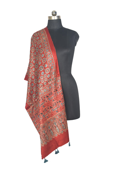 Ajrakh Mashru Silk Natural Dye Hand Block Print Stole With Tassels - 2 Mtr Length   -  SKU : AI0770AR